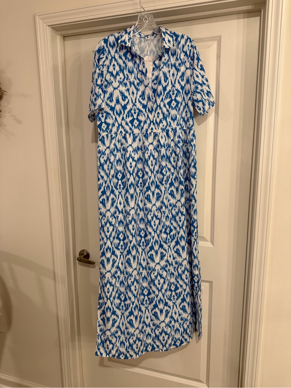 Blue & White Ikat Maxi Dress - Short Sleeve
